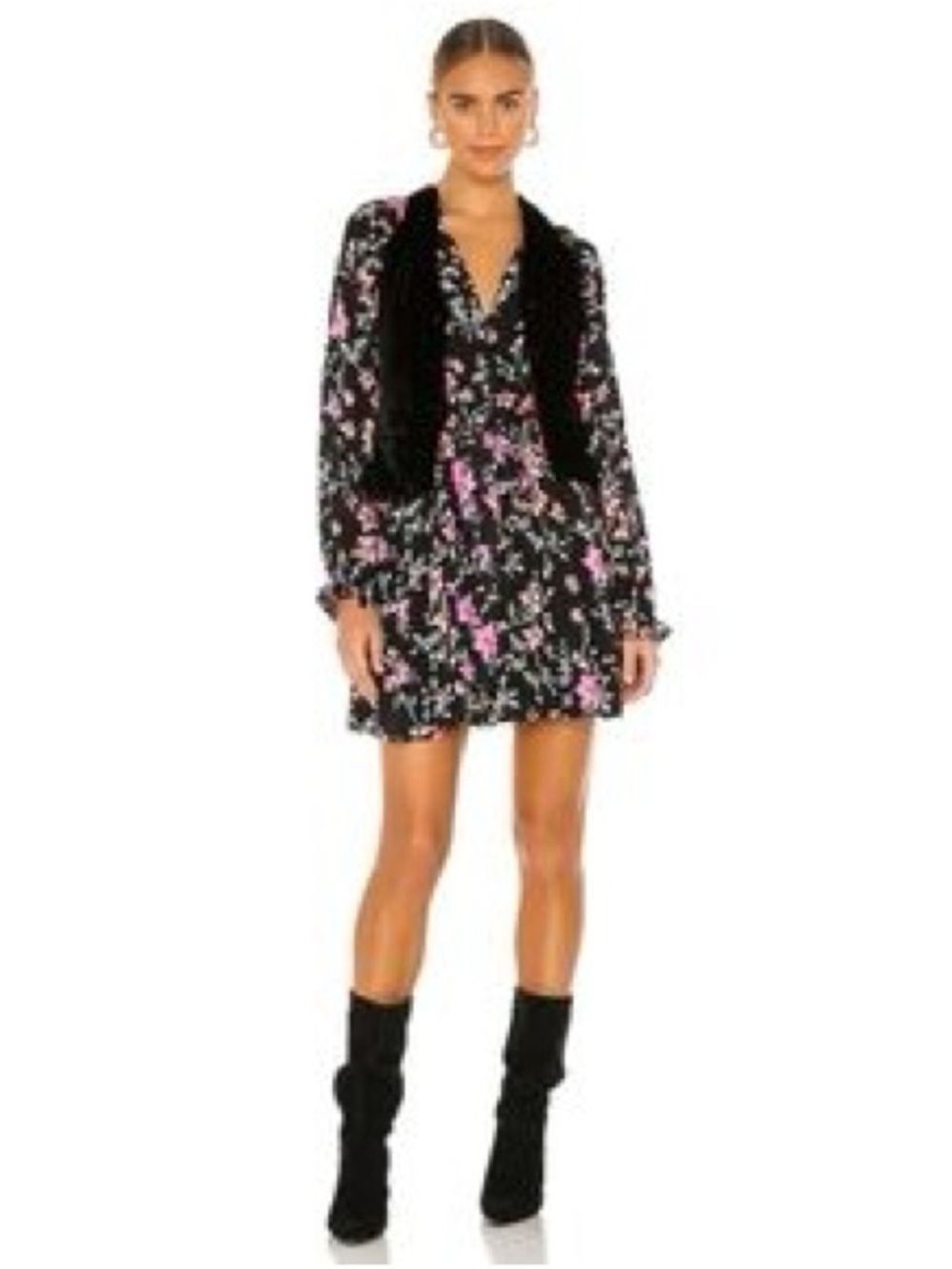 Free People Lighten Up MiniBlack Floral Long-Sleeve with Pink Accents - Picture 4 of 9